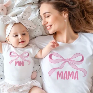 Mama Mimi Bow Print Family Matching Shirt Mother & Daughter Short Sleeve Outfit Tops Mom Girl Fashion Looke Shirts Baby Jumpsuit